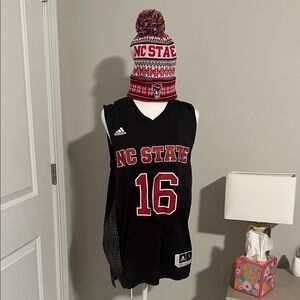 Adidas Black and Red NC State Jersey with Beanie